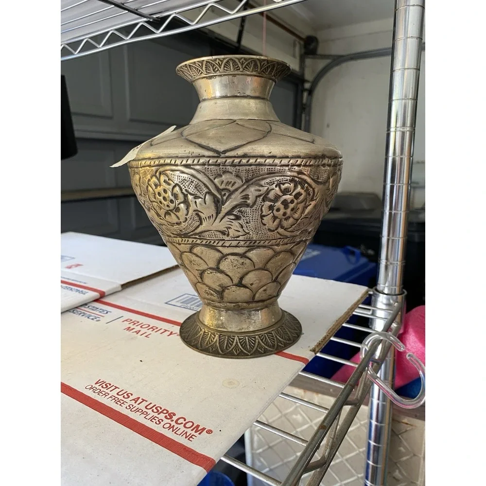 Vintage Middle East Handmade‎  Engraved Brass Vase / Urn